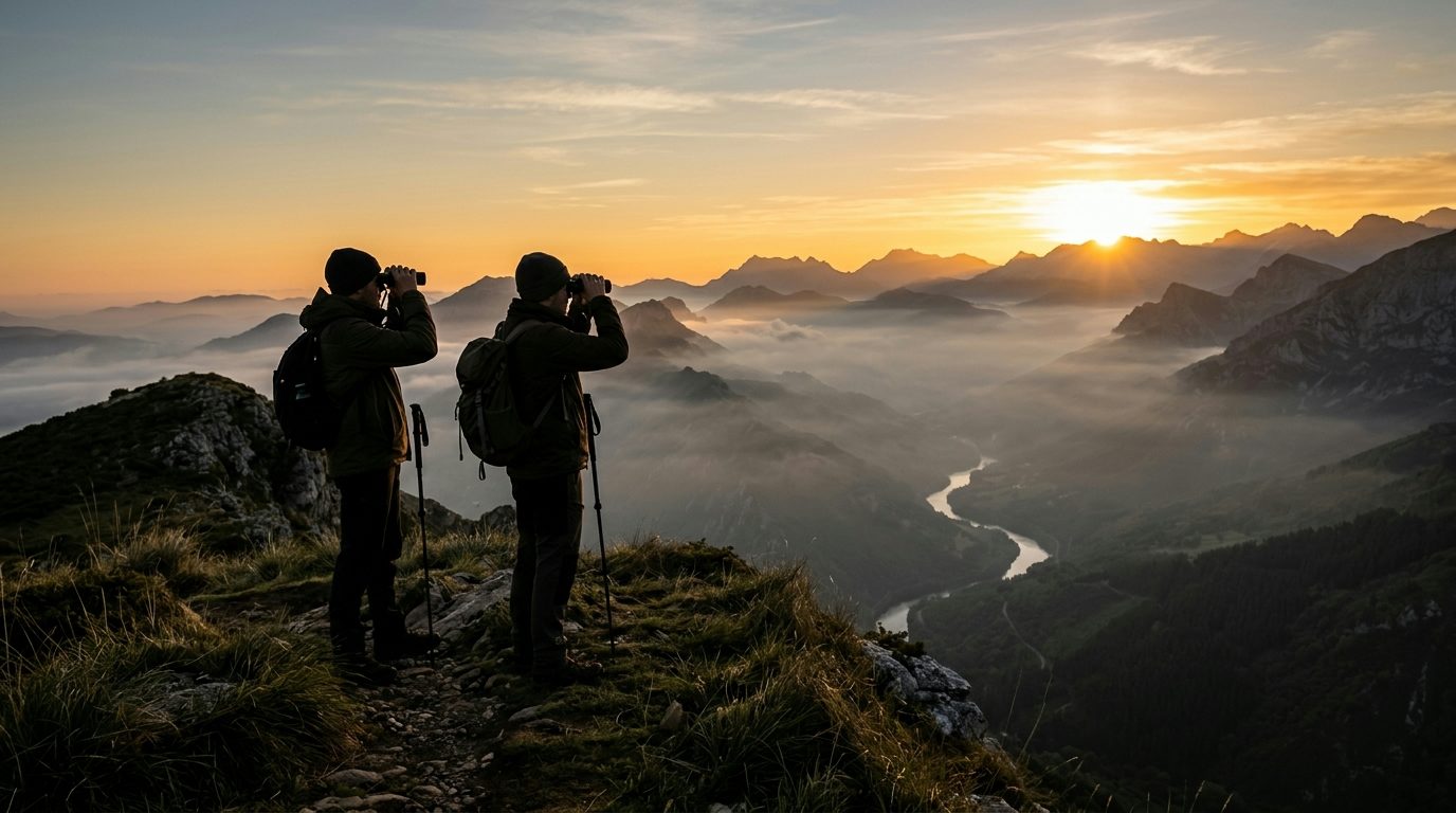 Observadores con prismáticos en un mirador al amanecer sobre un valle de montaña