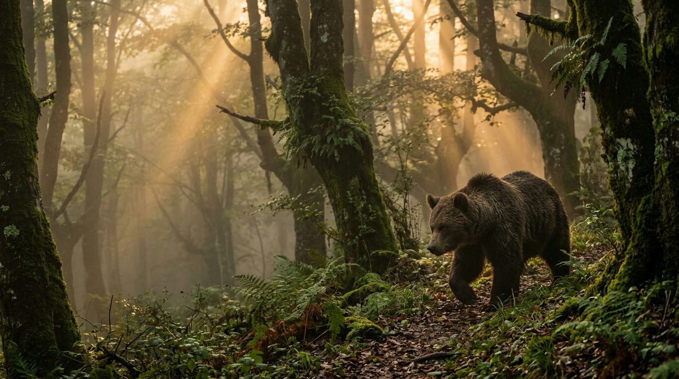 Oso pardo cantábrico caminando entre la niebla del bosque