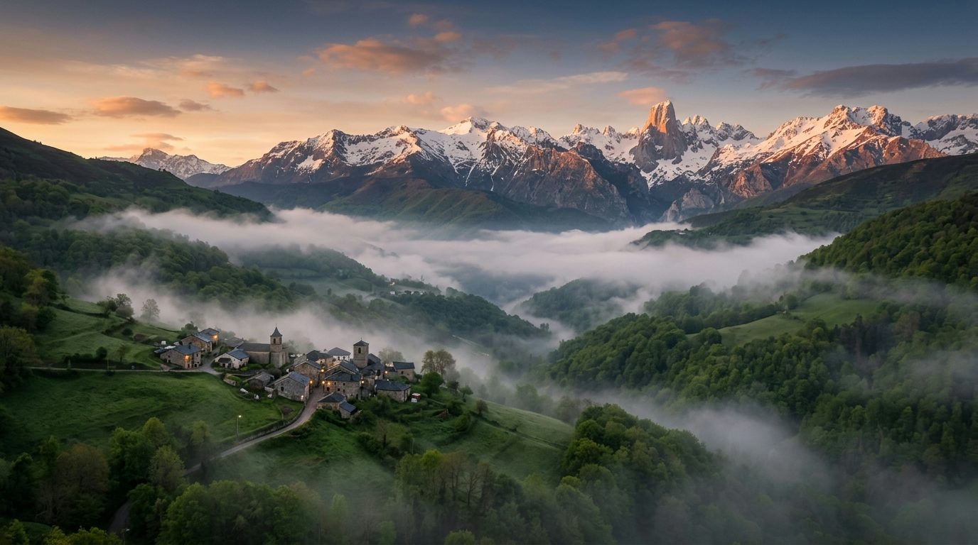 Valle de Liébana al amanecer con los Picos de Europa nevados al fondo